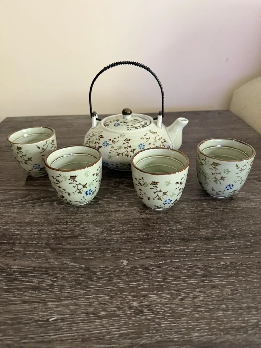 Pier 1 Imports Tomoko Hand-Painted Porcelain Teapot & 4 Cups – 5 Pc Tea Set